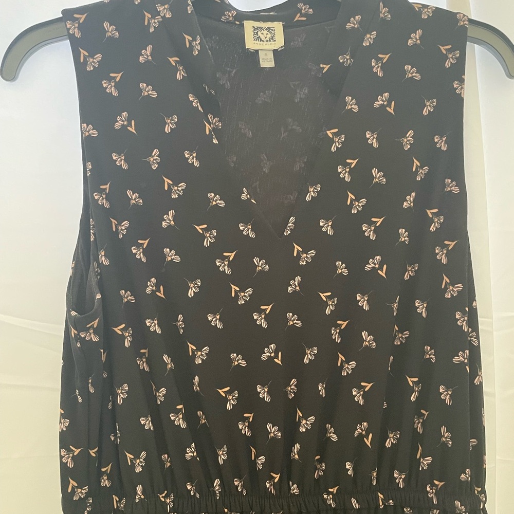 Anne Klein Black with pink Floral Print Sleeveless Midi Dress size 6 pockets - Picture 6 of 16